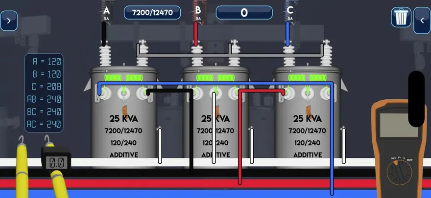 A wired wye-delta bank with live voltage readings in the Sandbox