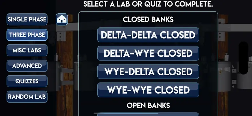 Lab select screen listing closed and open bank labs
