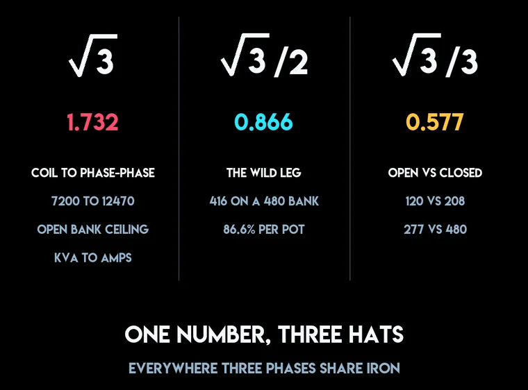 The trinity card: root 3 = 1.732, root 3 over 2 = 0.866, root 3 over 3 = 0.577, each with the places it shows up, under the line one number, three hats.